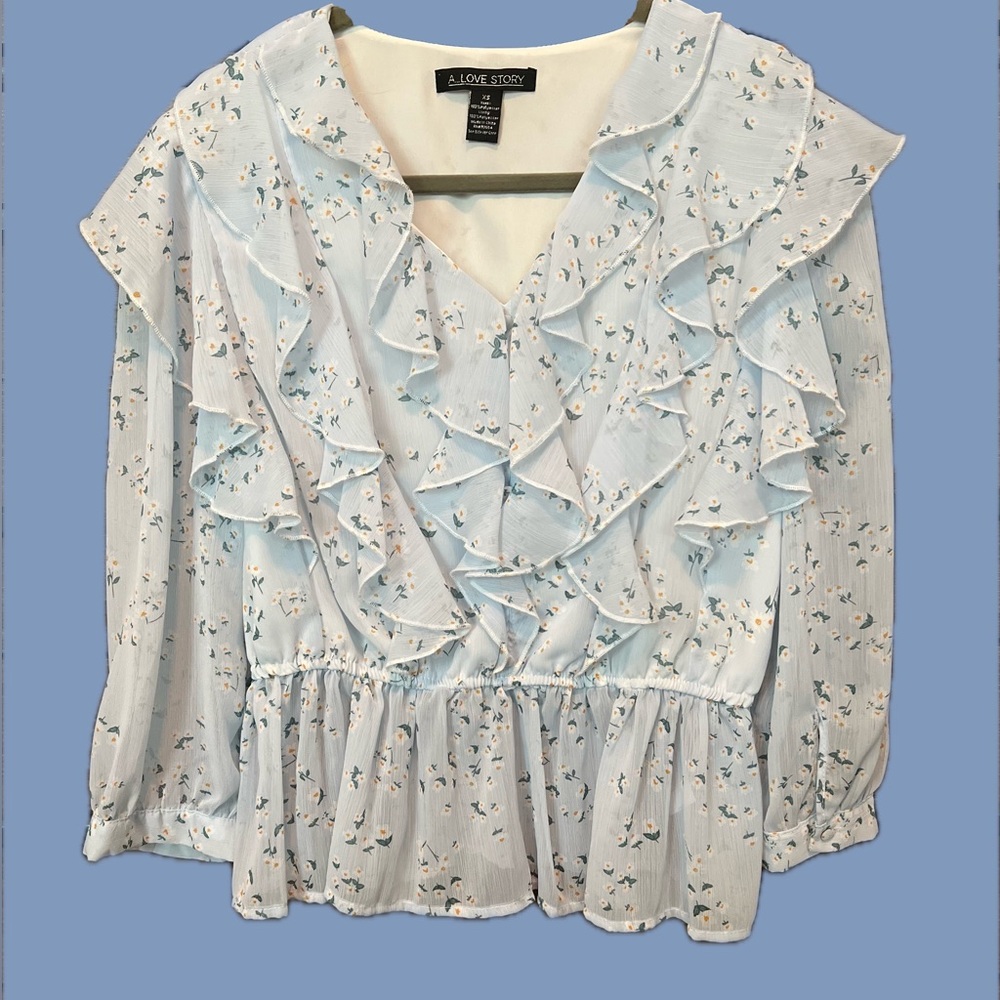 Love Story Light Blue Floral Ruffle Blouse